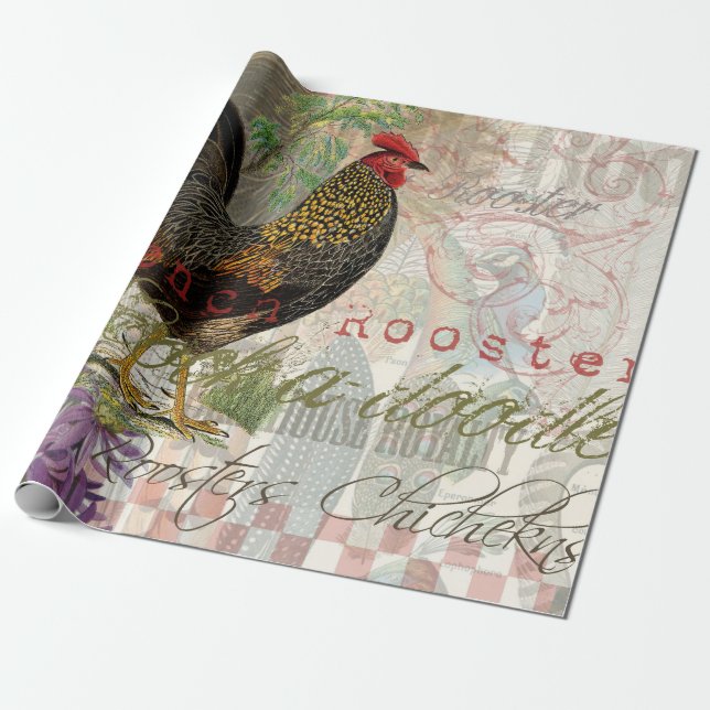 Vintage Rooster French Collage Farm Pet Wrapping Paper (Unrolled)