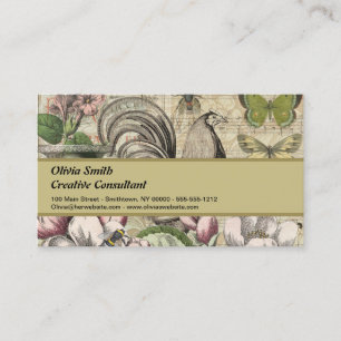 Vintage Rooster Garden Collage Art: French Country Business Card