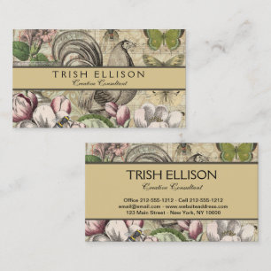 Vintage Rooster Garden Collage Art: French Country Business Card
