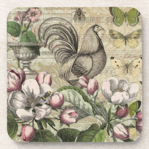 Vintage Rooster Garden Collage Art: French Country Coaster