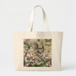 Vintage Rooster Garden Collage Art: French Country Large Tote Bag