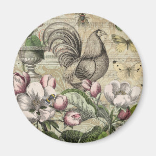 Vintage Rooster Garden Collage Art: French Country Magnet