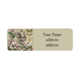Vintage Rooster Garden Collage Art: French Country Return Address Label
