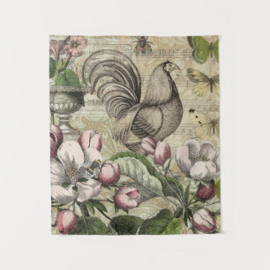 Vintage Rooster Garden Collage Art: French Country Tapestry