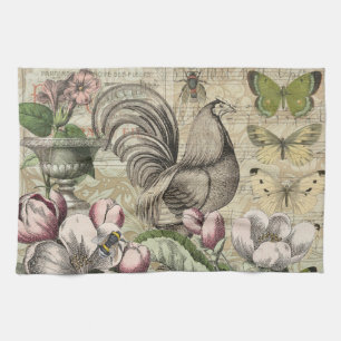 Vintage Rooster Garden Collage Art: French Country Tea Towel