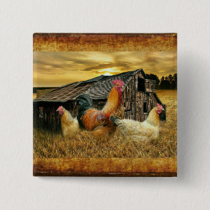 Vintage Rooster Hens Rustic Barn Coop 15 Cm Square Badge