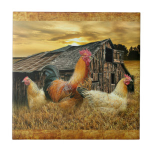 Vintage Rooster Hens Rustic Barn Coop Ceramic Tile