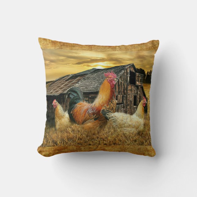 Vintage Rooster Hens Rustic Barn Coop Cushion (Front)