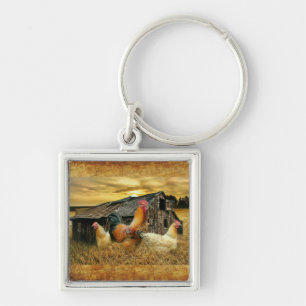 Vintage Rooster Hens Rustic Barn Coop Key Ring