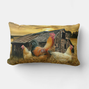 Vintage Rooster Hens Rustic Barn Coop Lumbar Cushion