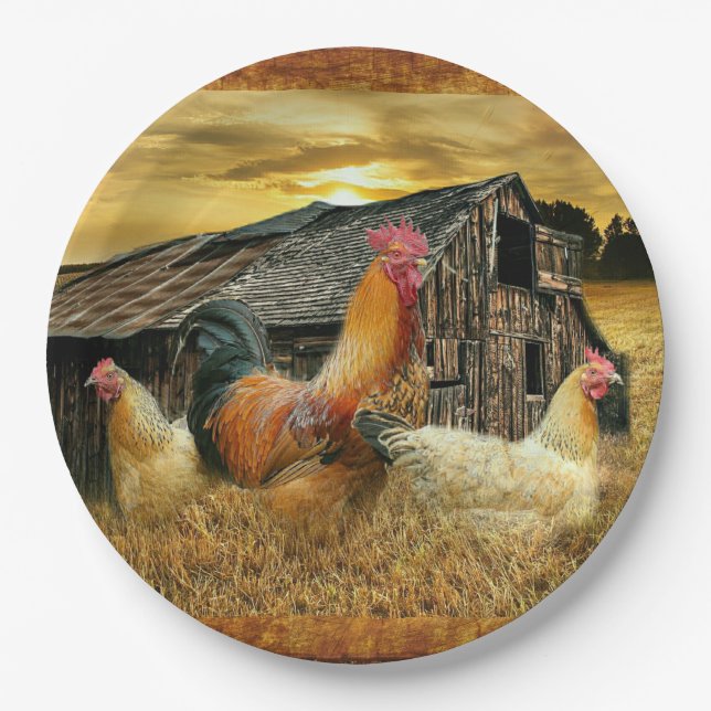Vintage Rooster Hens Rustic Barn Coop Paper Plate (Front)