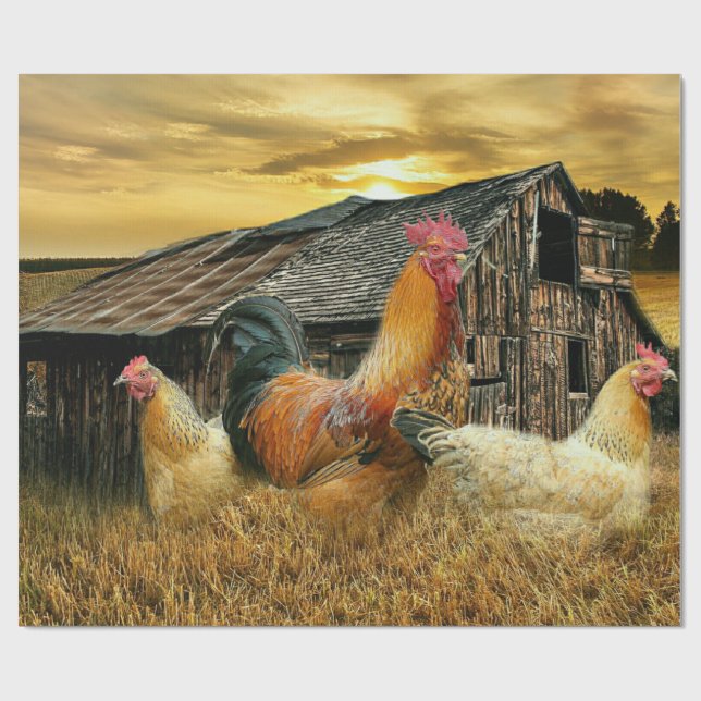 Vintage Rooster Hens Rustic Barn Coop Wrapping Paper (Flat)