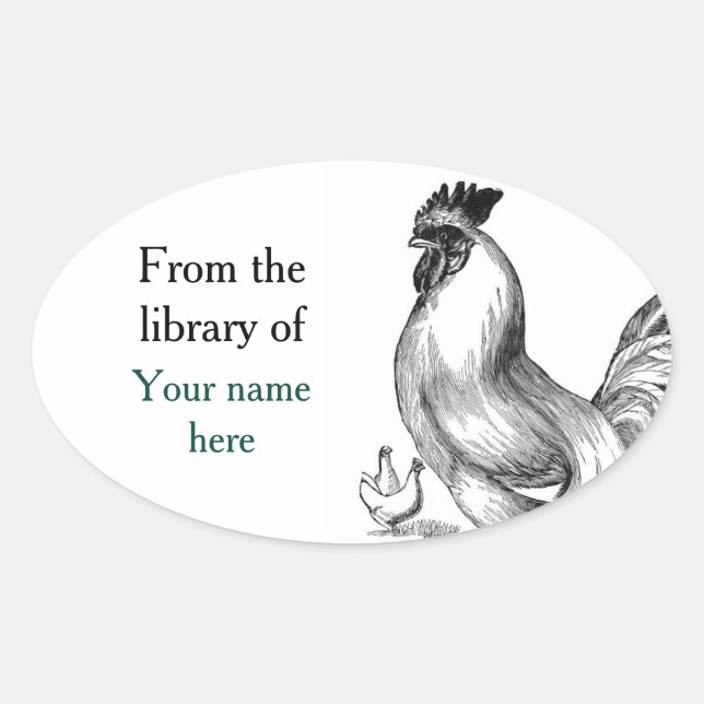 Vintage rooster illustration bookplate oval sticker (Front)