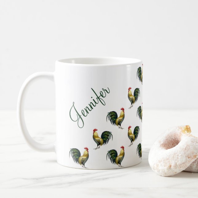Vintage Rooster Pattern Custom Name Coffee Mug (With Donut)