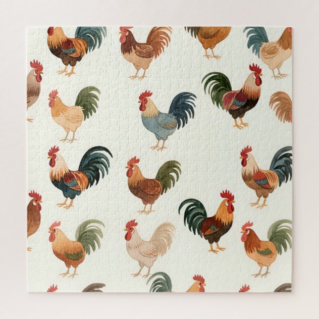 Vintage Rooster Pattern Farmhouse Style Jigsaw Puzzle (Vertical)