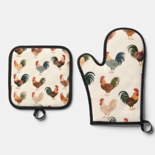 Vintage Rooster Pattern Farmhouse Style Oven Mitt & Pot Holder Set