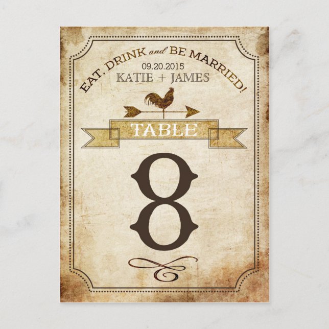 Vintage Rooster Rustic Country Table Number Card (Front)