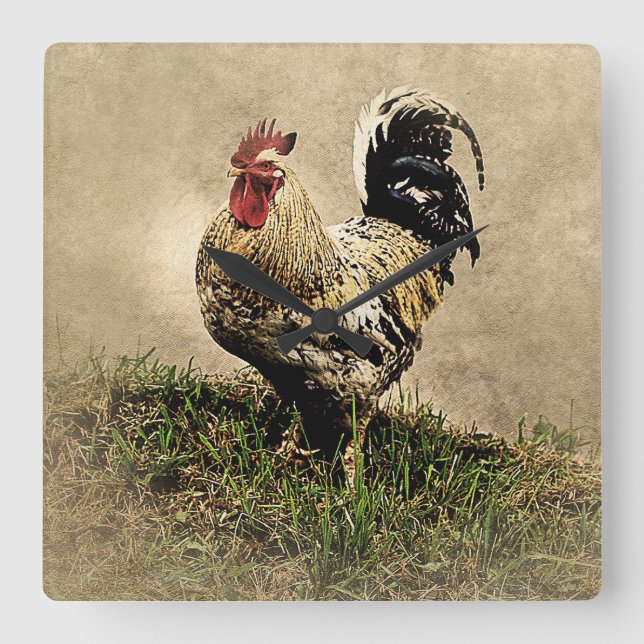 Vintage Rooster Square Wall Clock (Front)