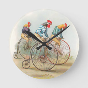 Vintage Roosters on Bikes Round Clock