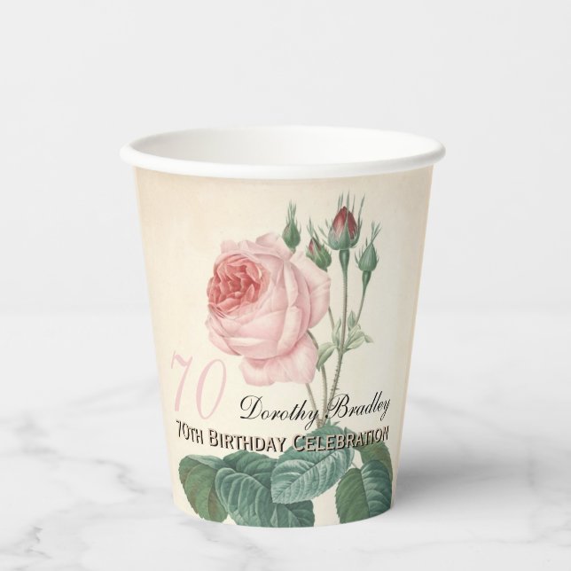 Vintage Rose 70th Birthday Celebration Paper cup (Front)