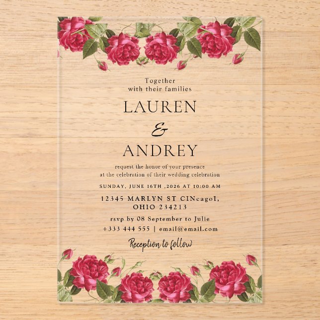 Vintage Rose Acrylic Wedding Invitation (Front)