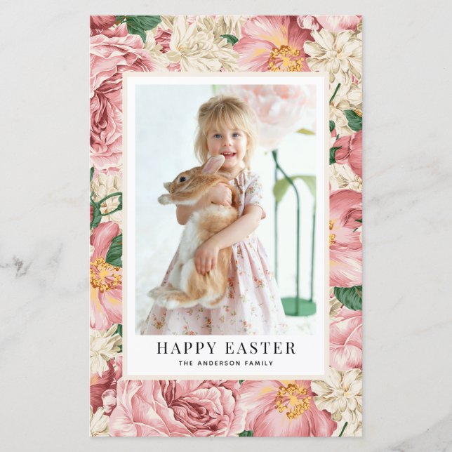 Vintage Rose and Hydrangea Photo Happy Easter Card (Front)