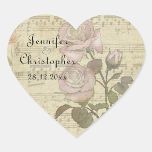 Vintage Rose and music score wedding set Heart Sticker