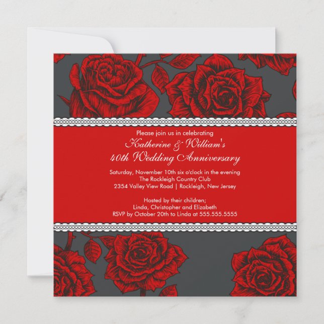 Vintage Rose Anniversary Invitation Black Red (Front)