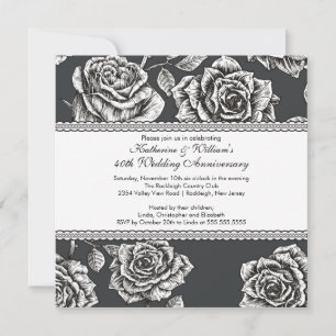 Vintage Rose Anniversary Invitation Black White
