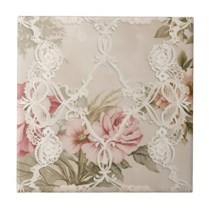 Vintage Rose Behind Lace Ceramic Tile