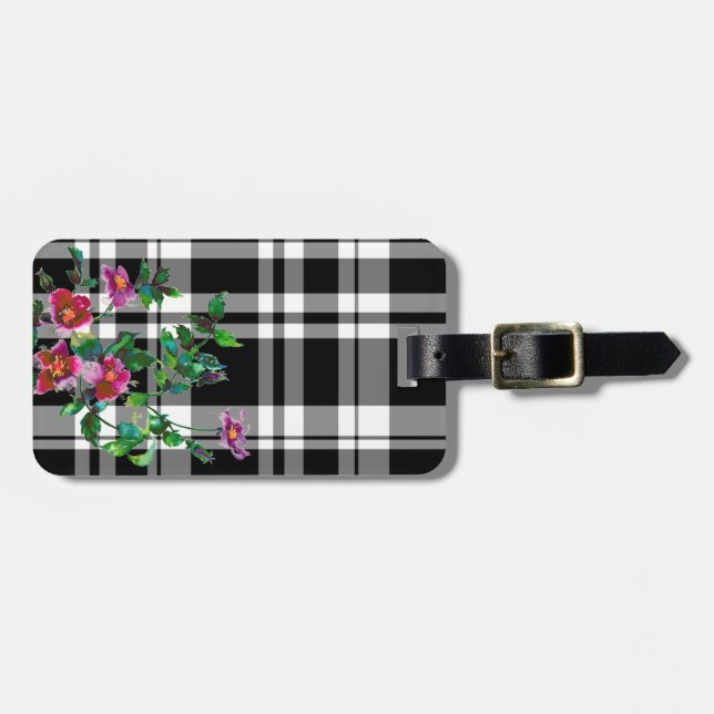 Vintage Rose - black and white plaid Luggage Tag (Front Horizontal)