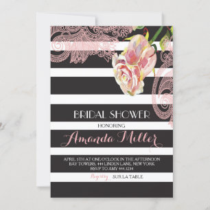 Vintage Rose Black Stripe Bridal Shower Invitation