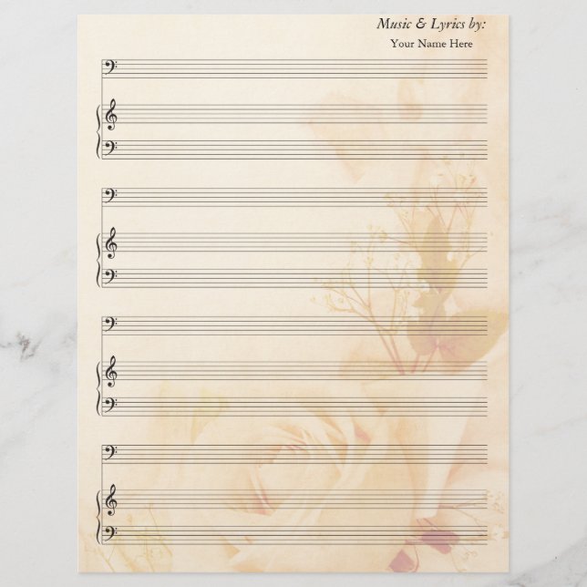 Vintage Rose Blank Sheet Music Bass Clef (Front)