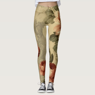 Vintage Rose Collage – Red and White Roses on Aged Leggings