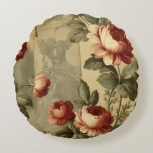Vintage Rose Collage – Red and White Roses on Aged Round Cushion