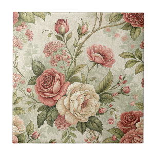 Vintage Rose & Cream Floral Botanical Pattern Art Ceramic Tile