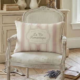Vintage Rose & Cream Striped French Country Lumbar Cushion
