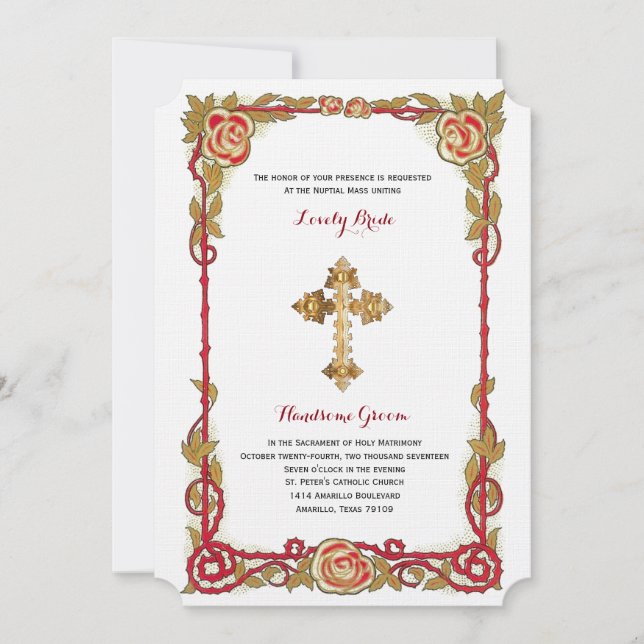 Vintage Rose Cross Catholic Wedding Invitation (Front)