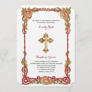 Vintage Rose Cross Catholic Wedding Invitation
