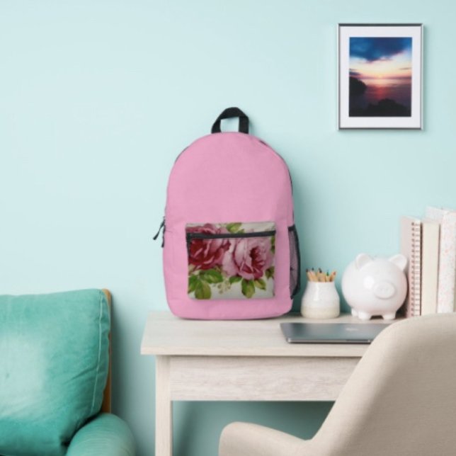 Vintage Rose Elegance  Printed Backpack (Backpack – D: 17"x12.5"x5" Two-chamber design with laptop storage pouch. Mesh side pocket.)