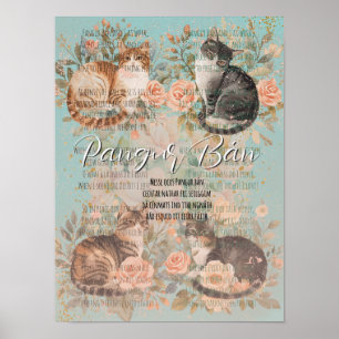 Vintage Rose Floral Cottage Garden Cats Pangur Bán Poster