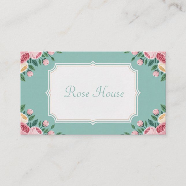 Vintage Rose Floral Dusty Teal Business Card (Front)