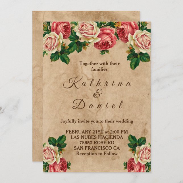 Vintage rose floral old paper wedding invitation (Front/Back)