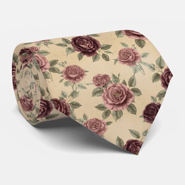 Vintage Rose Floral Pattern Tie (Rolled)