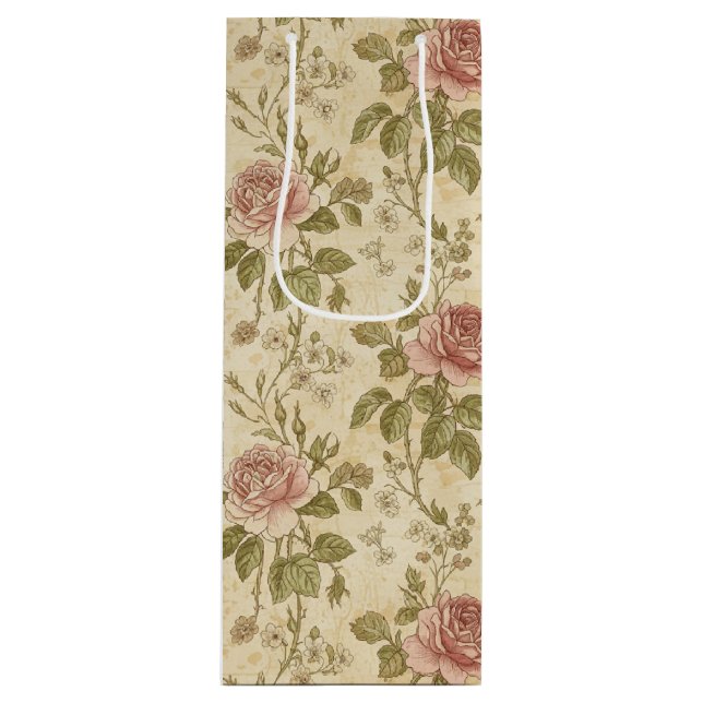 Vintage Rose Floral Pattern Wine Gift Bag (Front)