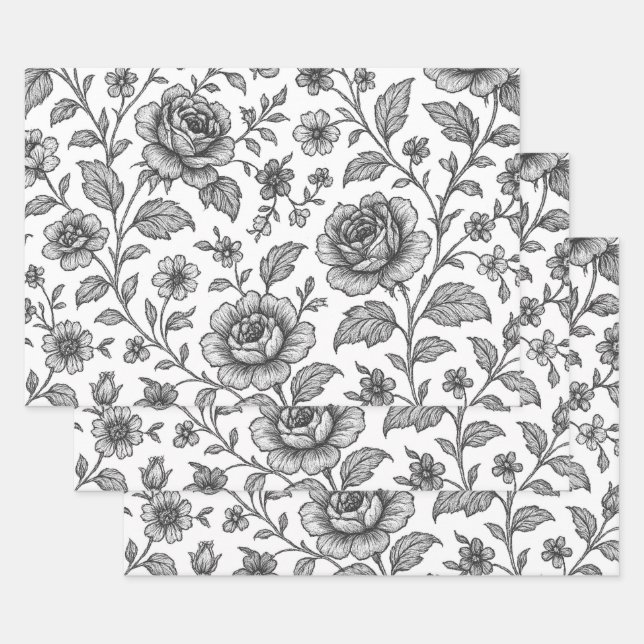 Vintage Rose Floral Pattern  Wrapping Paper Sheet (Set)
