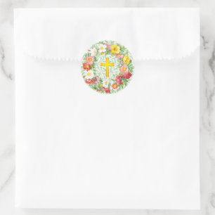 Vintage Rose Floral Wreath Cross Sticker