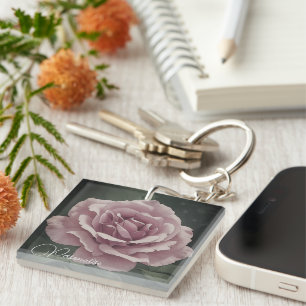 Vintage Rose Flower Dusky Pink Green Floral Key Ring