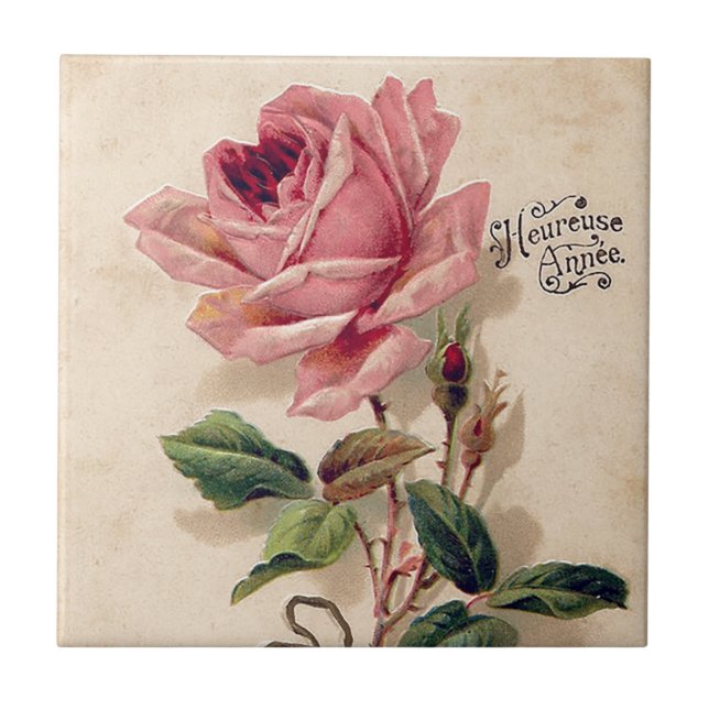 Vintage Rose Flower Floral Pattern Ceramic Tile (Front)