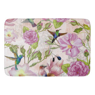 Vintage Rose Flowers & Hummingbirds pattern Bath Mat